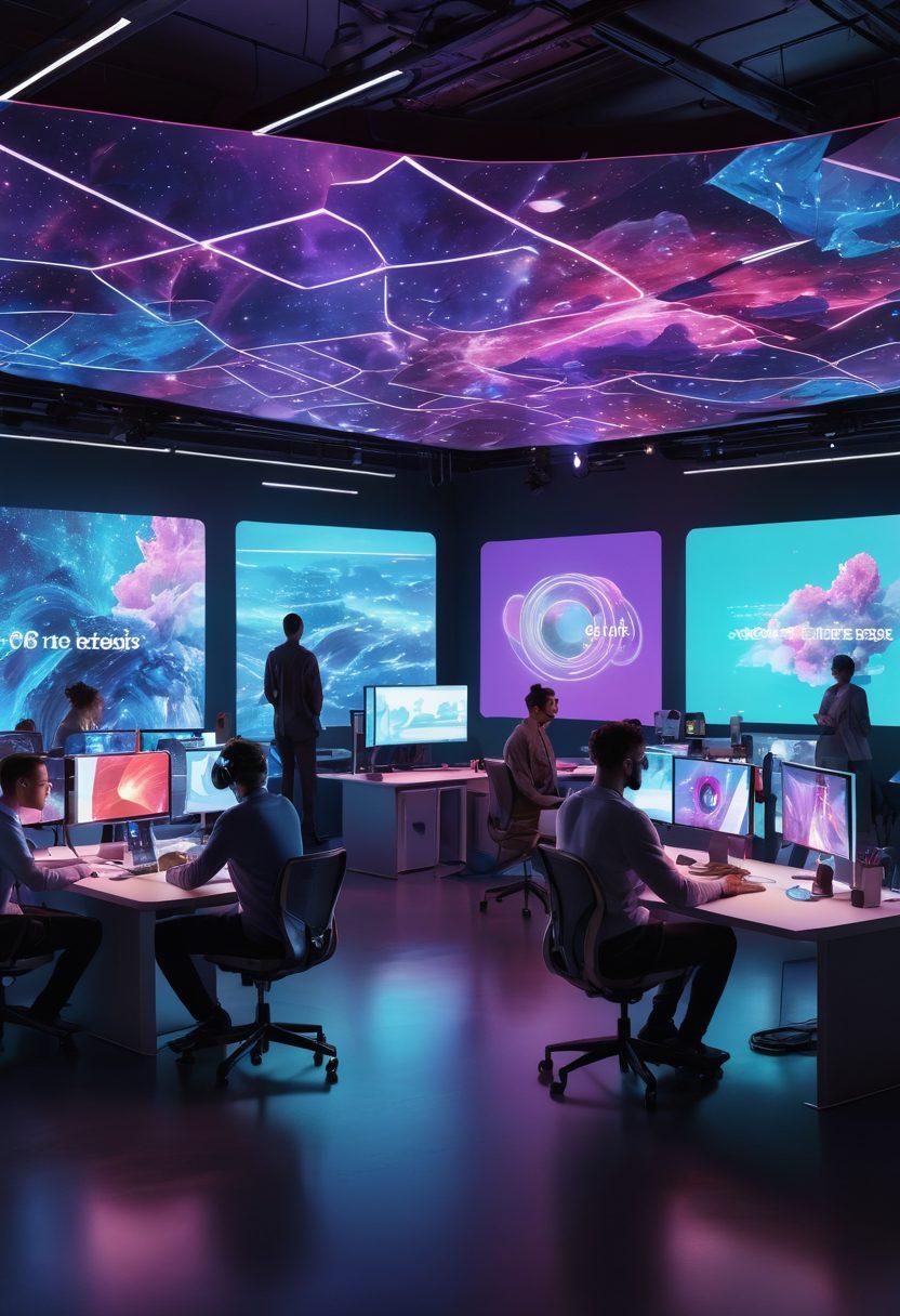 A futuristic workspace filled with diverse creators immersed in various forms of content creation, surrounded by holographic displays, wireless devices, and streaming data visualizations. Bright and dynamic colors highlight the energy of collaboration, with visuals of social media icons and digital art emerging from the backgrounds. The scene captures the essence of connectivity and innovation. super-realistic. vibrant colors. digital art.