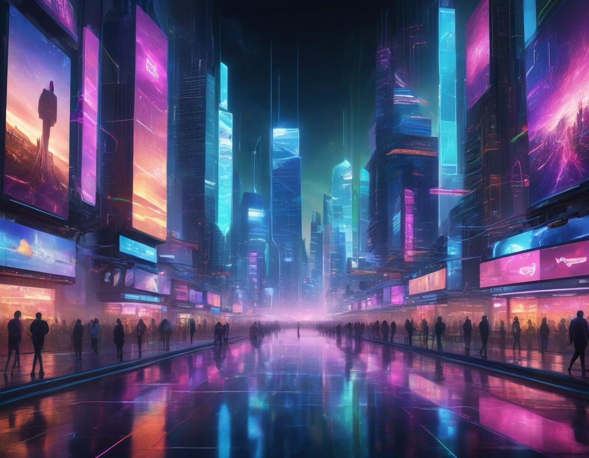 A futuristic city skyline with digital billboards displaying vibrant online platforms, interconnected by glowing, floating network lines signifying remote connectivity. Diverse people using various devices while interacting seamlessly, representing a blend of technology and human connection. The atmosphere should be lively and tech-savvy, with colorful digital interfaces and holograms in the background. super-realistic. vibrant colors. cyberpunk.