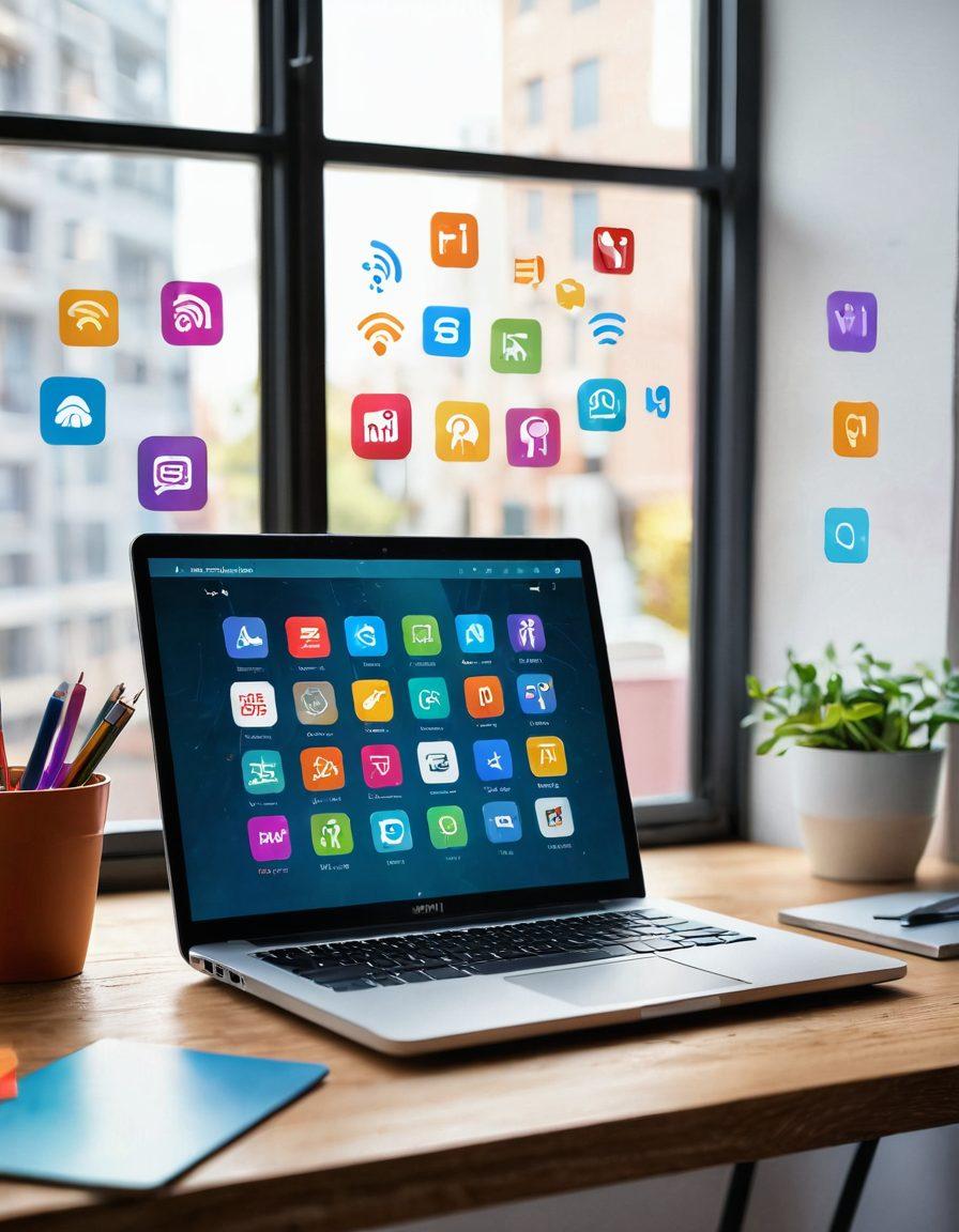 A creative workspace with a laptop displaying an open blog with engaging articles about WiFi technology. Include visuals of WiFi signals emanating from a router, surrounded by colorful icons representing various online platforms. Soft sunlight filtering through a window, enhancing a sense of productivity and inspiration. Modern and sleek design elements in the background. vibrant colors. 3D.